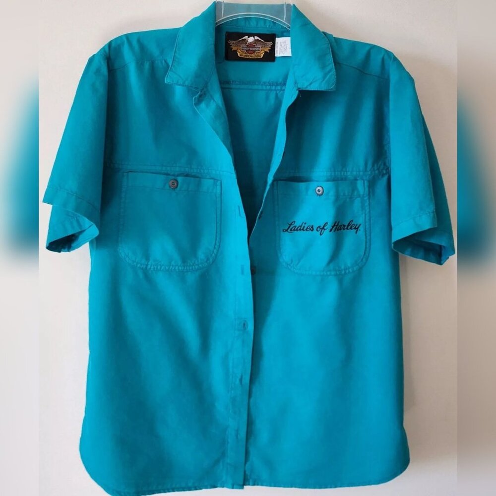 Harley Davidson Women's Tourquise Short Sleeve Shirt Size L Button Front Logo